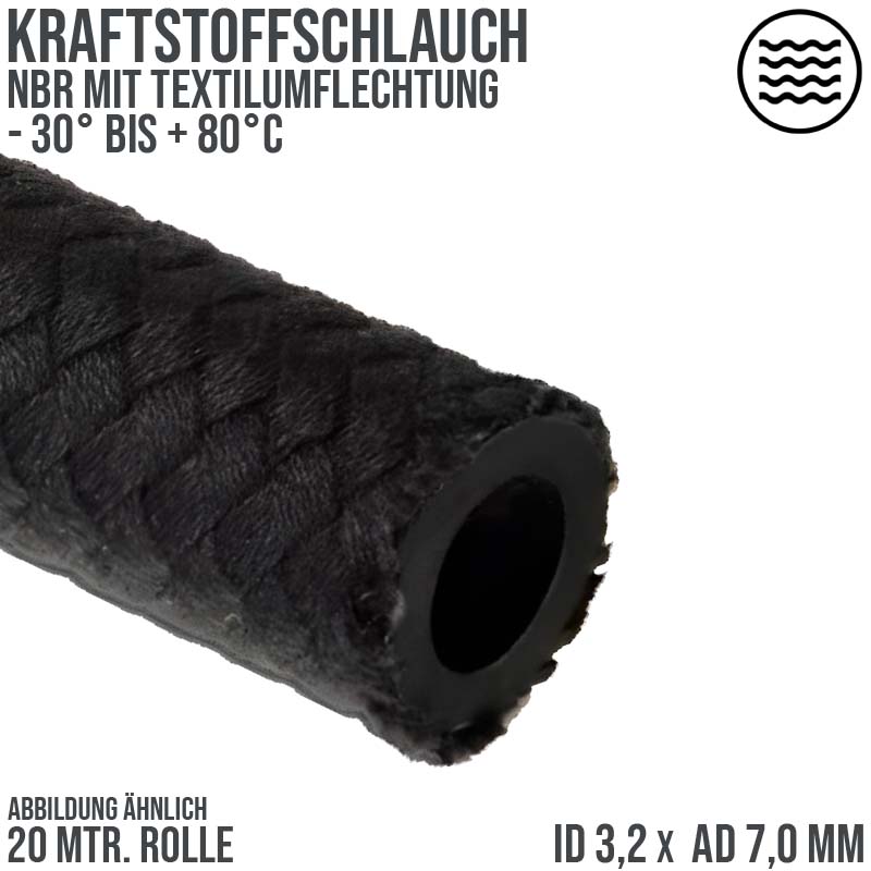 3,2 x 7 mm Kraftstoff Benzin Öl Schlauch Textilgeflecht schwarz DIN 73379 - PN 7 bar - 20 m