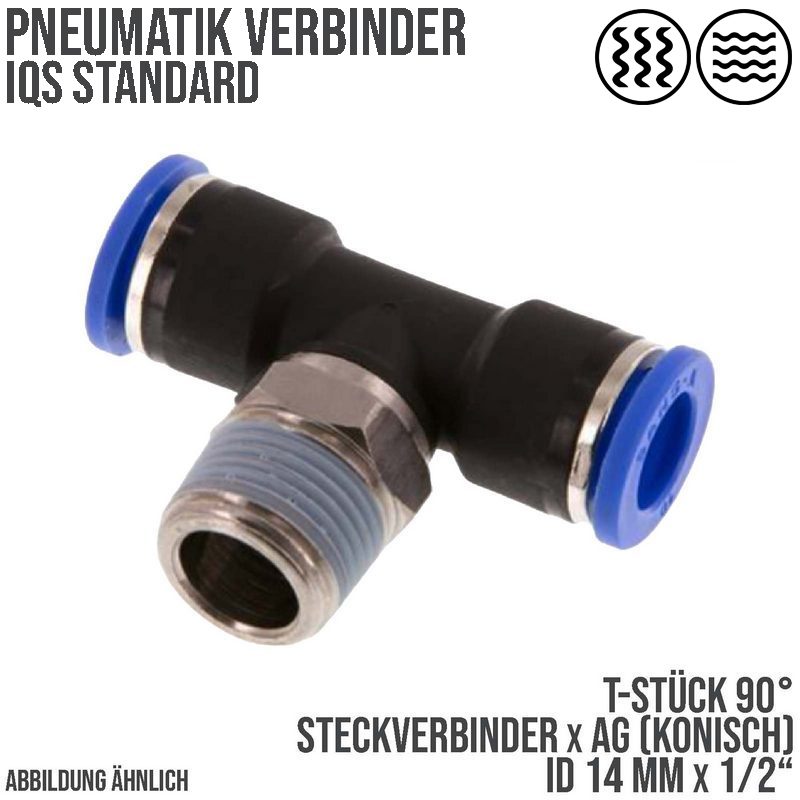 14 mm x 1/2" Pneumatik Steck Verbinder T-Stück 90° IQS Außengewinde konisch - PN 20 bar
