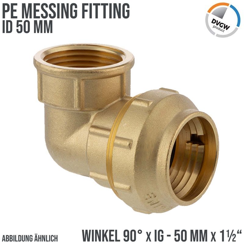 50 mm x 1 1/2" PE Fitting Klemm Verbinder Messing Verschraubung Muffe Winkel 90° x IG DVGW - PN 16 bar