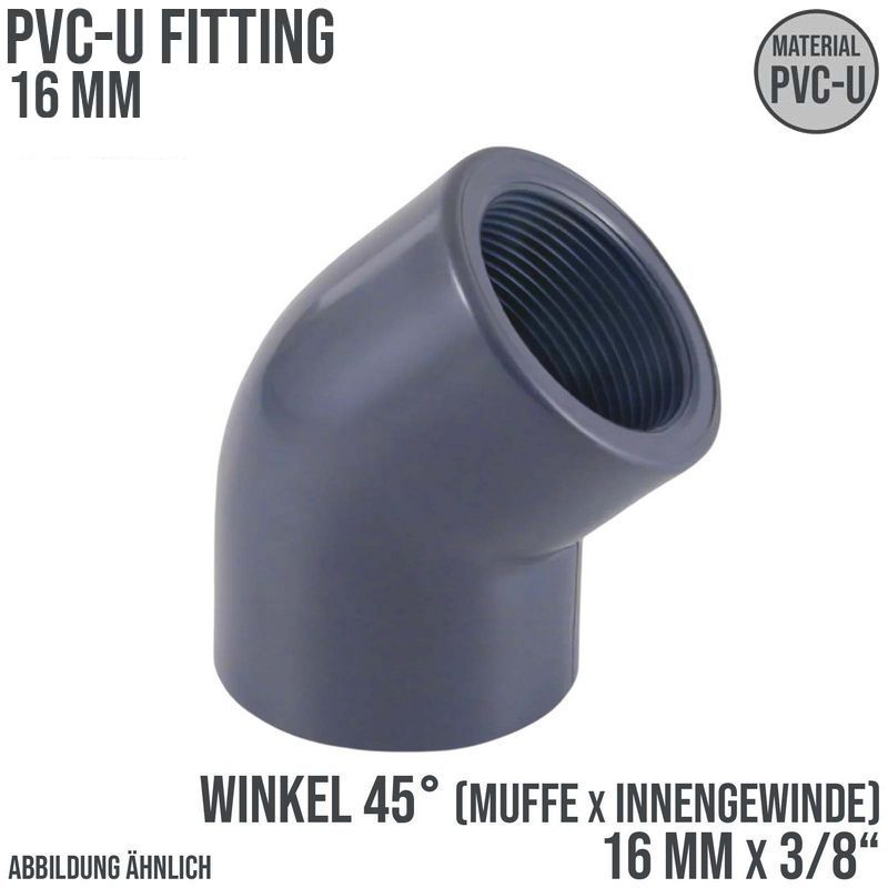 16 mm PVC Klebe Fitting Winkel 45° Innengewinde IG 16 mm x  3/8" Muffe Verbinder - PN 10 bar