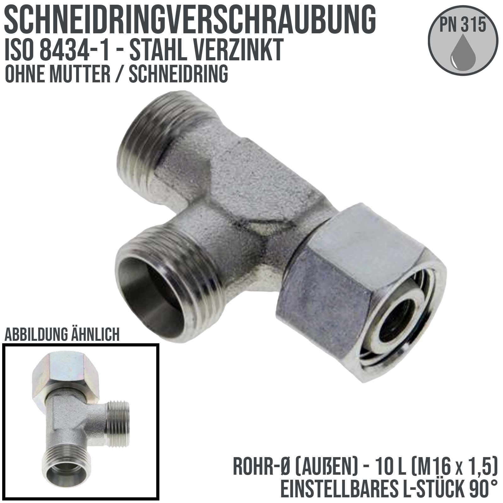 10 L Schneidring Verschraubung einstellbares L-Stück 90° M 16 x 1,5 AG x IG ohne Mutter / Schneidring - PN 315 bar