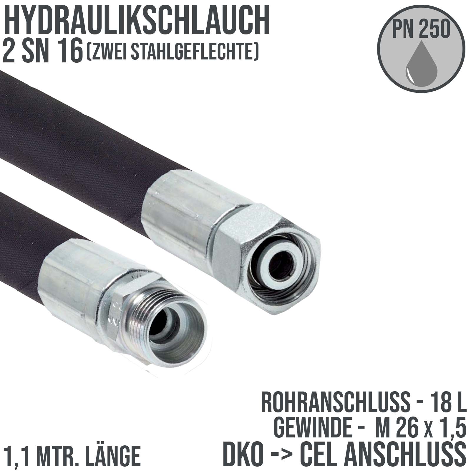 Hydraulikschlauch DN 16 2SN16 - 18 L DKO (IG) auf CEL (AG) Anschluss (M 26 x 1,5) - 1100 mm