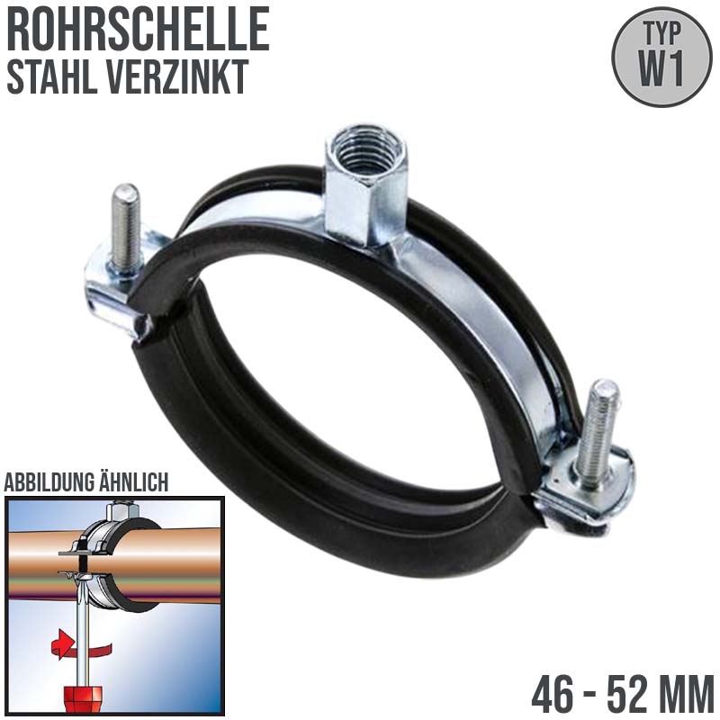 46 - 52 mm Rohr Schraub Schelle Klemme Gummieinlage Fischer M8 M10 2-teilig W1 Stahl verzinkt DIN 4109