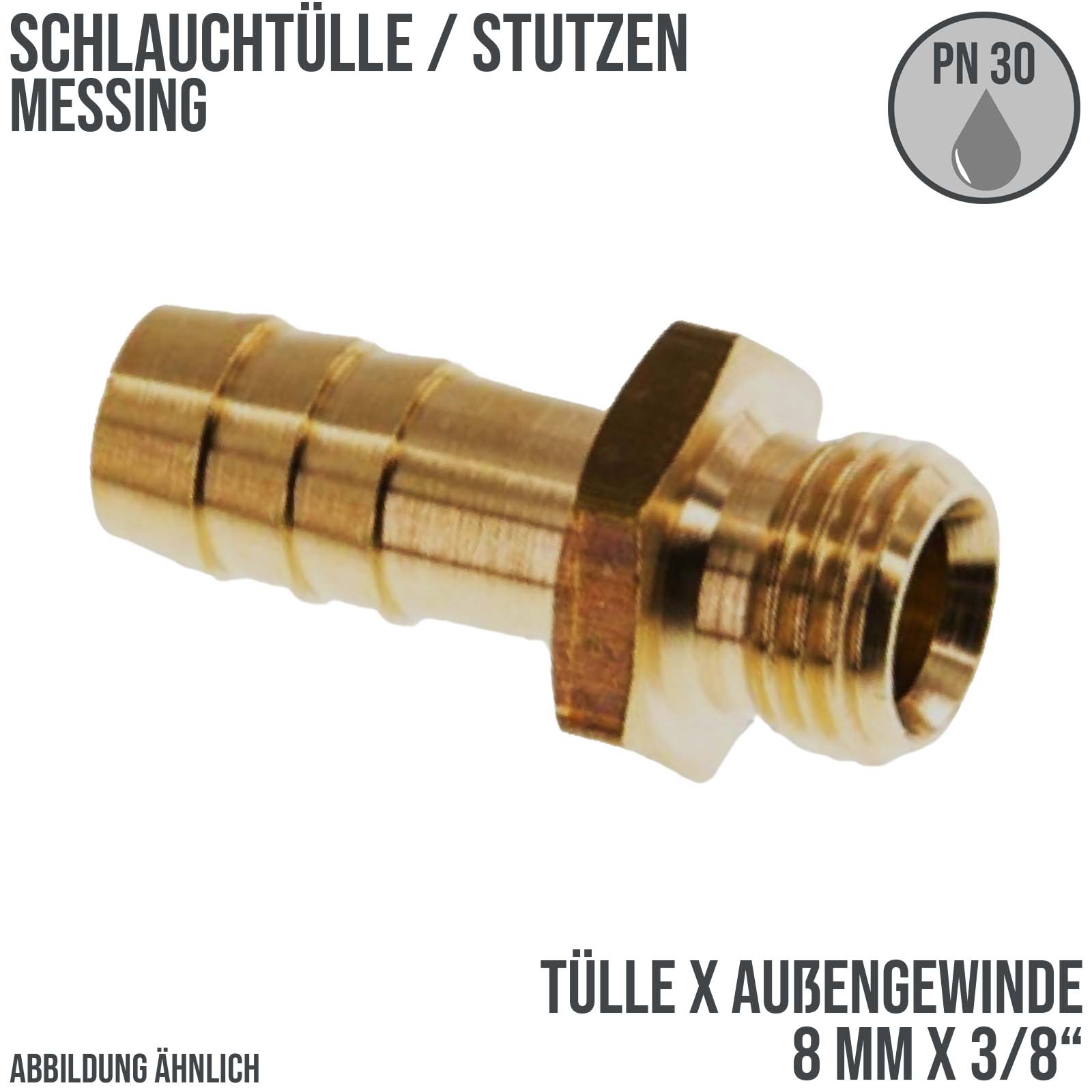 8 mm x 3/8" Zoll Schlauch Tülle Stutzen Außengewinde AG Nippel Messing Fittings - PN 30 bar