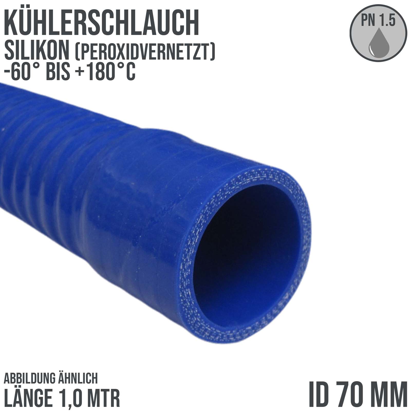 70 x 80 mm leicht flexibler Kühler Silikon LLK Ladeluft Kühlmittel Schlauch blau PN 1,5 bar - 1000 mm Länge