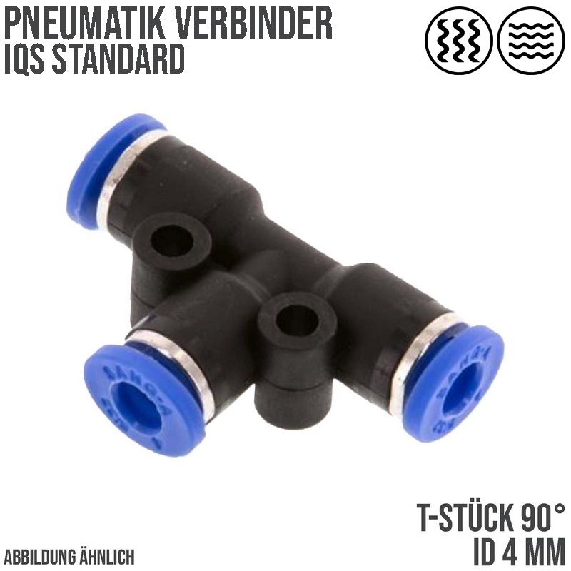 4 mm Pneumatik Steck Verbinder IQS T-Stück 90° blau/schwarz PA PU Schlauch - PN 20 bar