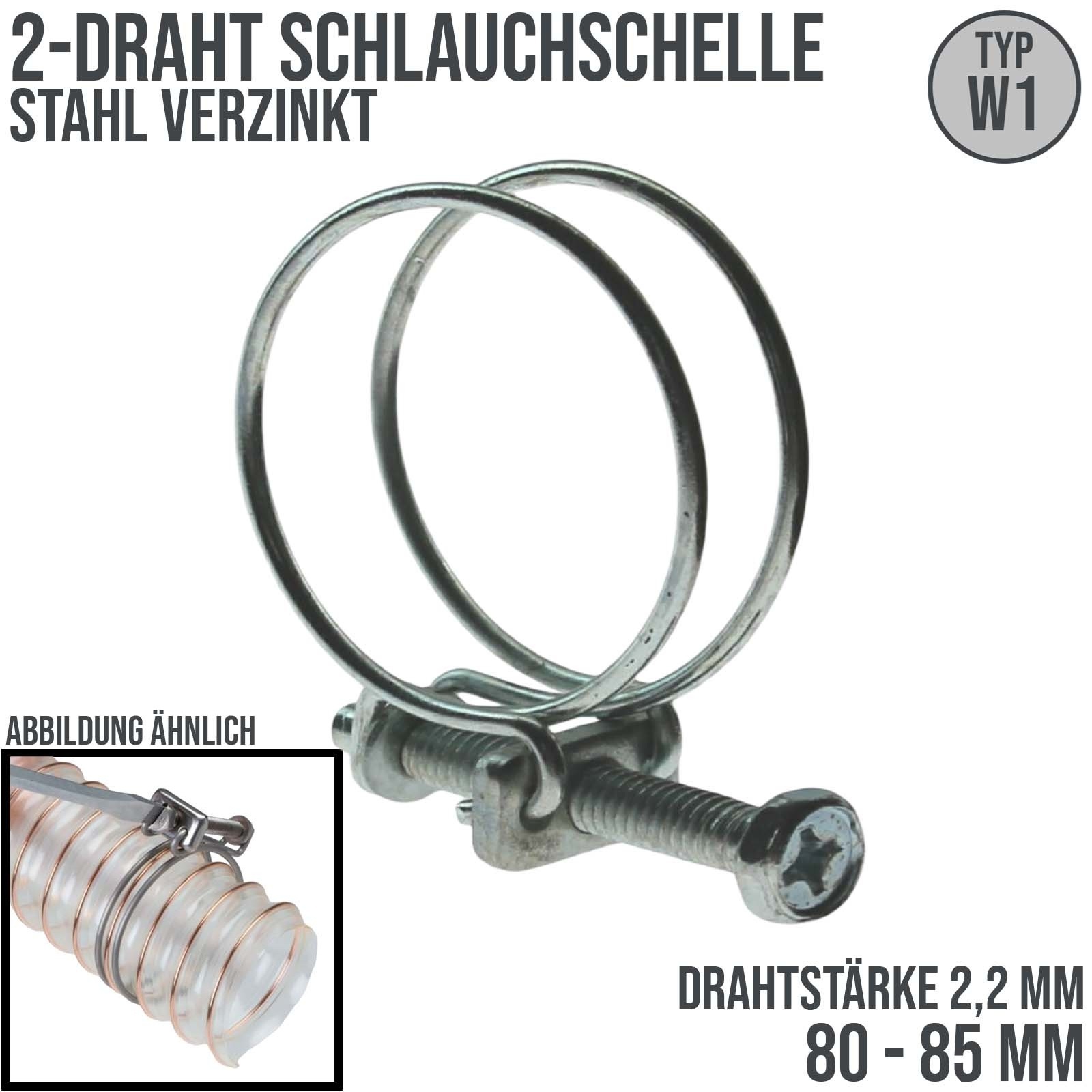 80 - 85 mm 2-Draht Schlauch Schelle W1 Stahl verzinkt Schraube M6 x 50 Draht 2,2 mm