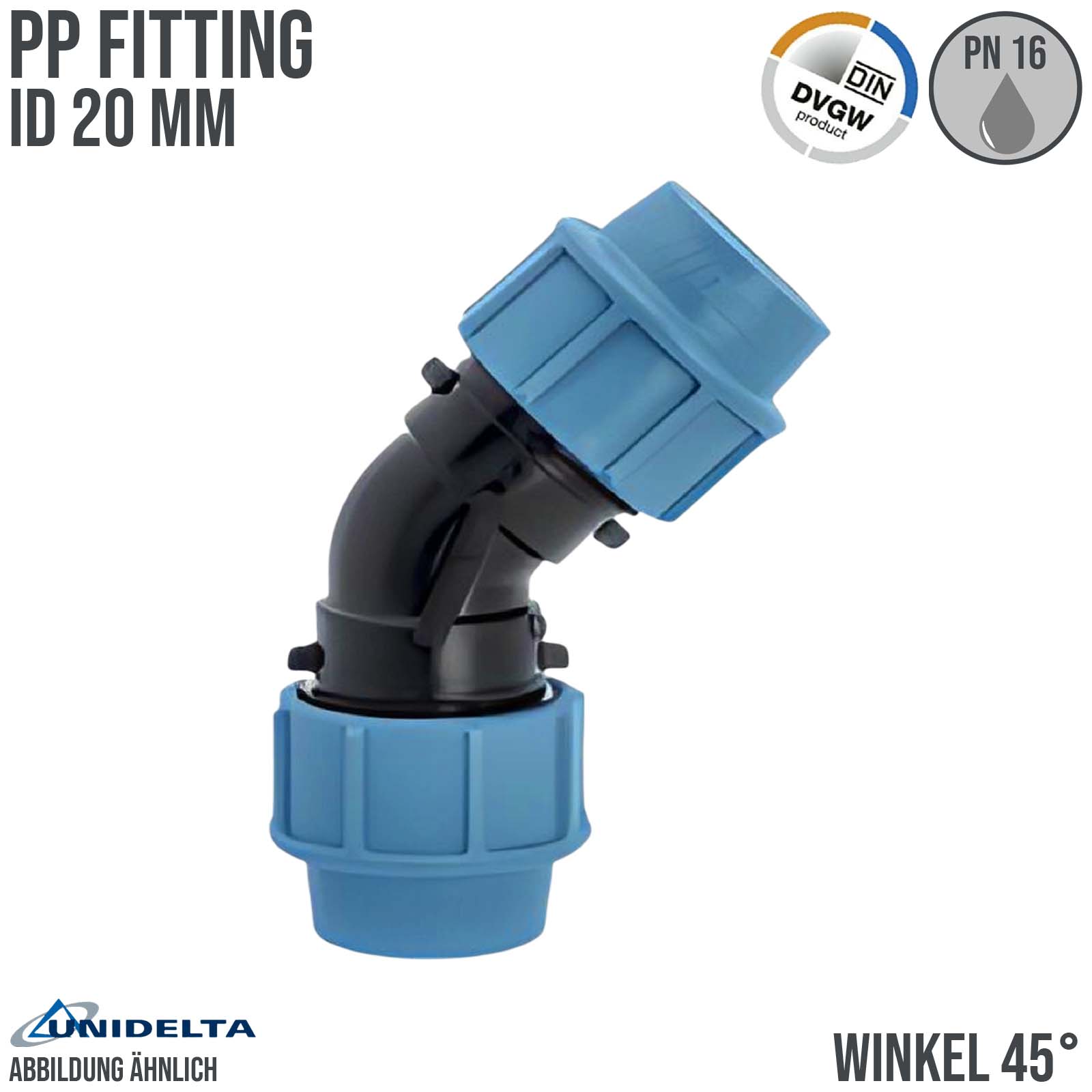 20 mm PE PP Fitting Klemm Verbinder Verschraubung Muffe Rohr Winkel 45° DVGW - Unidelta