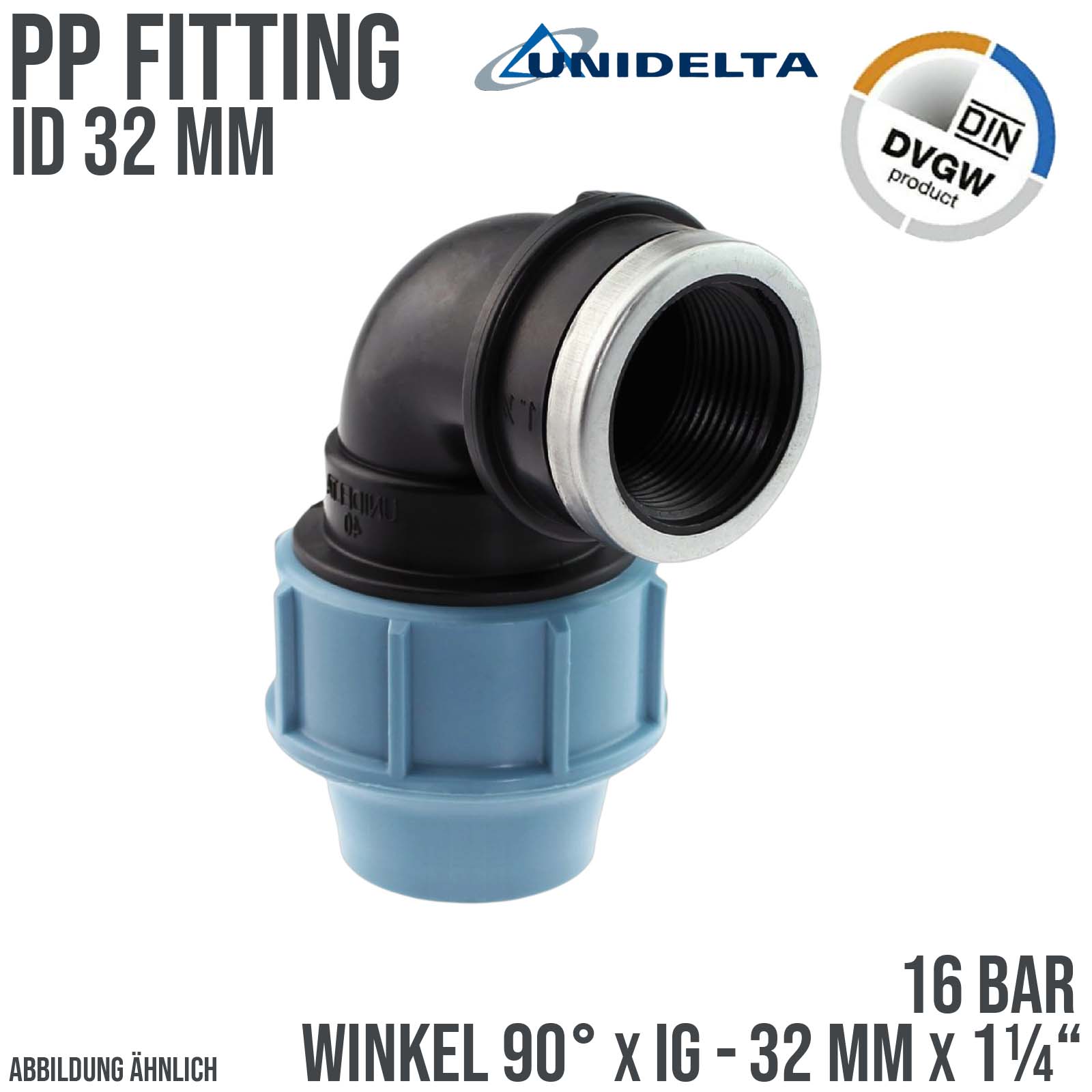 32 mm x 1 1/4" PE PP Fitting Klemm Verbinder Verschraubung Rohr Winkel 90° x IG DVGW - Unidelta 