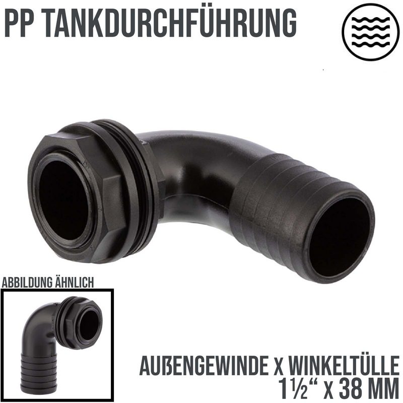 1 1/2" x 38 mm Tank Regentonne Durchführung Außengewinde x 90° Winkel Schlauch Tülle - PN 6 bar