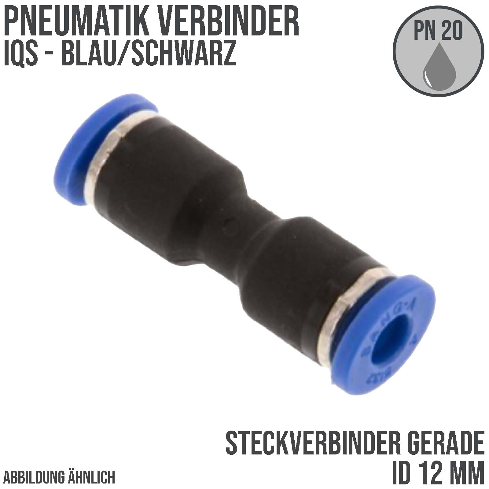 12 mm Pneumatik Schnell Steck Verbinder IQS gerade blau/schwarz PA PU Schlauch - PN 20 bar