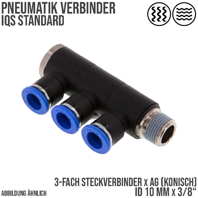 10 mm x 3/8" Pneumatik Steck Verbinder 3-fach Verteiler IQS Außengewinde konisch - PN 20 bar