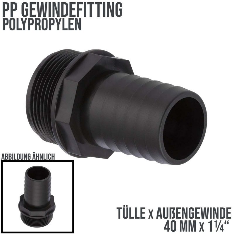 40 mm x 1 1/4 " PP Gewinde Fitting Schlauch Tülle Stutzen Außengewinde AG - PN 6 bar