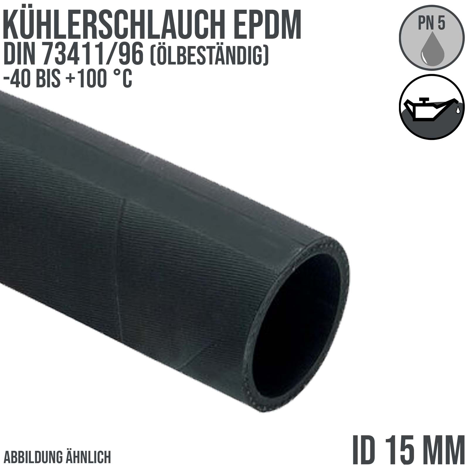 15 x 24 mm Kühler Heißwasser Universal Schlauch NBR/CR ölbeständig (ähnl. DIN73411/96) schwarz - PN 5 bar - 40 m