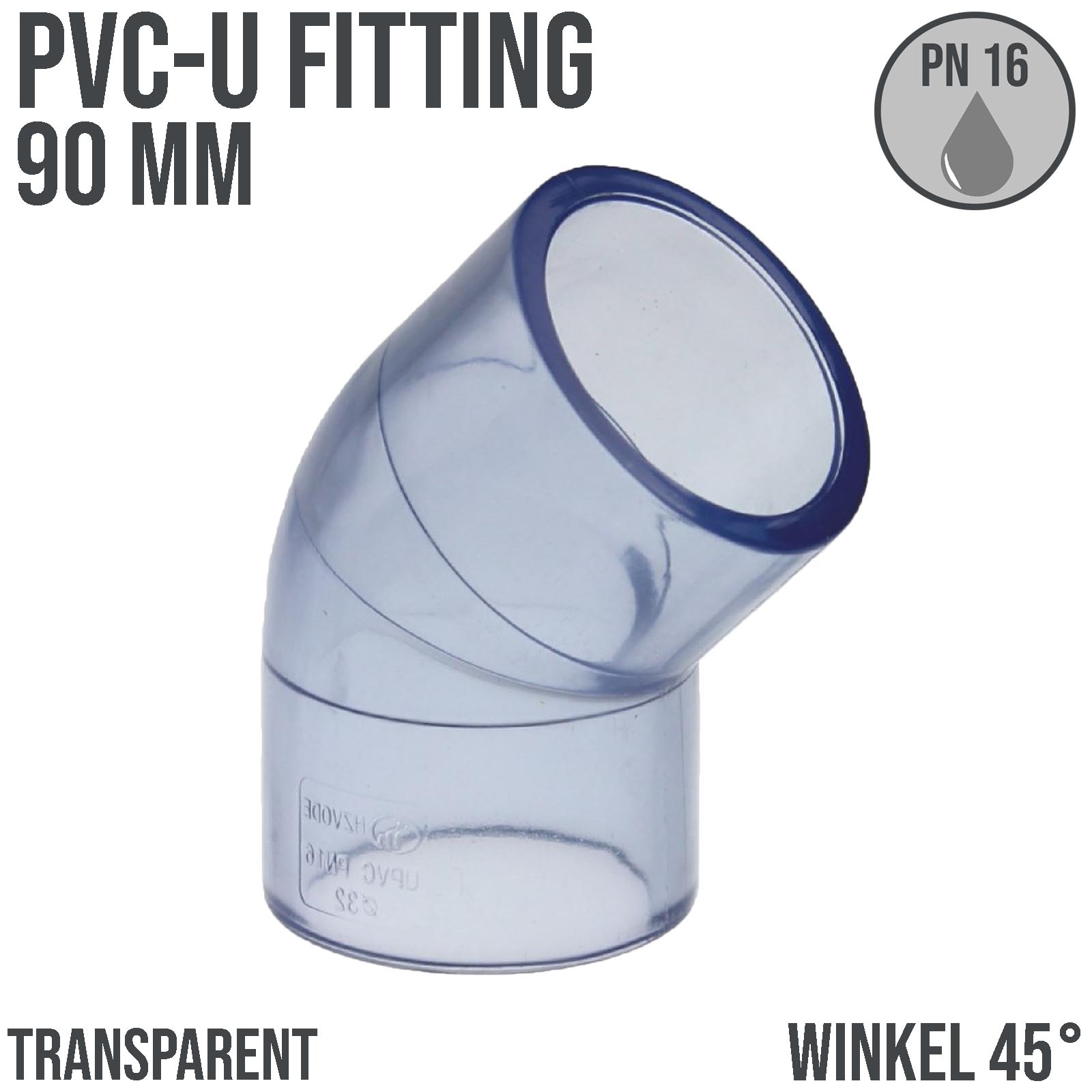 90 mm PVC Klebe Fitting Winkel 45° Muffe Verbinder - transparent durchsichtig - PN 16 bar