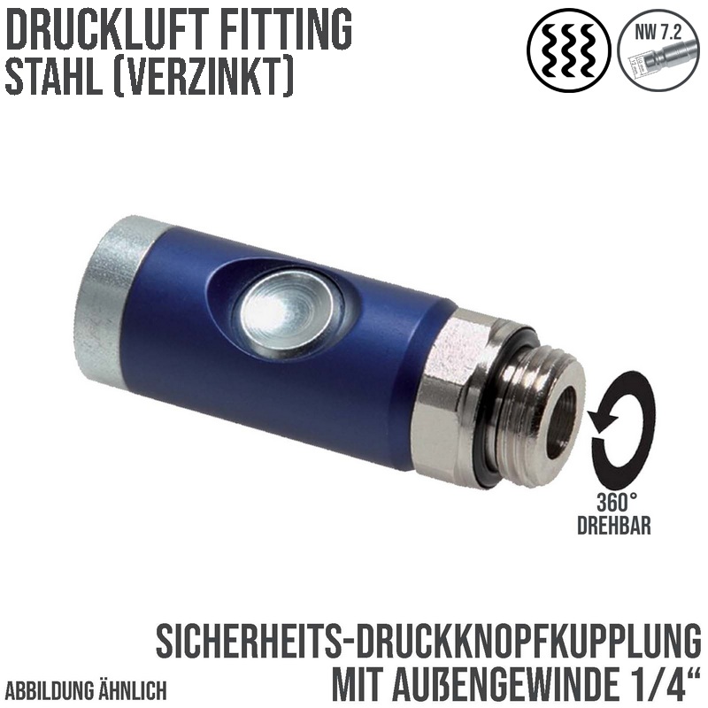 Druckluft Sicherheitskupplung drehbar Stahl verzinkt NW 7.2 Außengewinde AG 1/4" - PN 12 bar