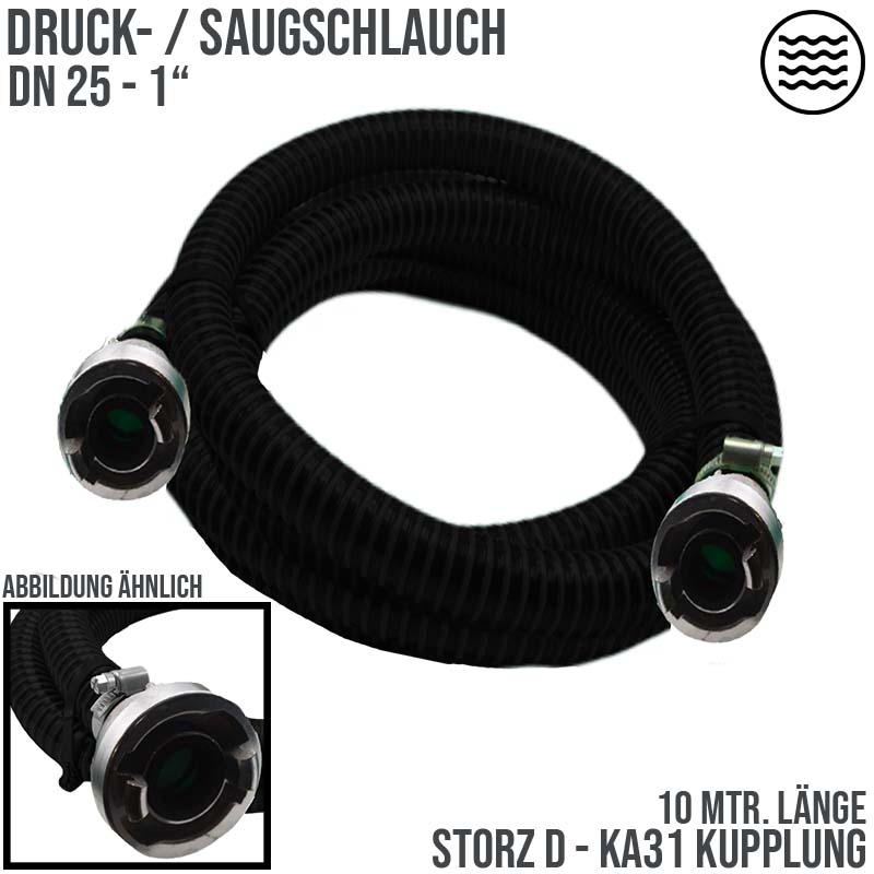 STORZ D DN25 KA31 - 25 mm 1" PVC Saug Ansaug Pumpen Spiral Schlauch PN 5 bar schwarz - 10 m Rolle