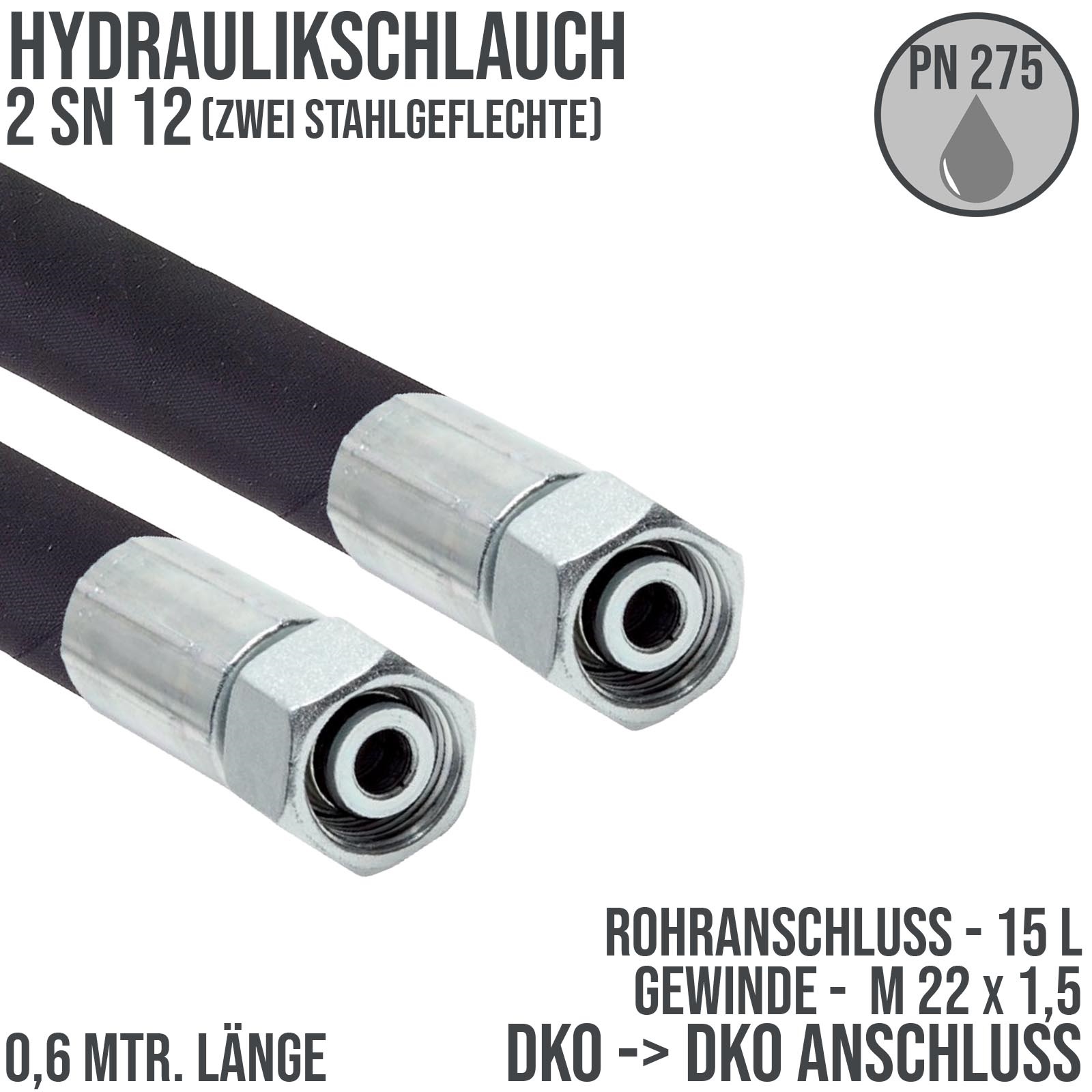 Hydraulikschlauch DN 12 2SN12 - 15 L DKO auf DKO Anschluss IG (M 22 x 1,5) - 600 mm