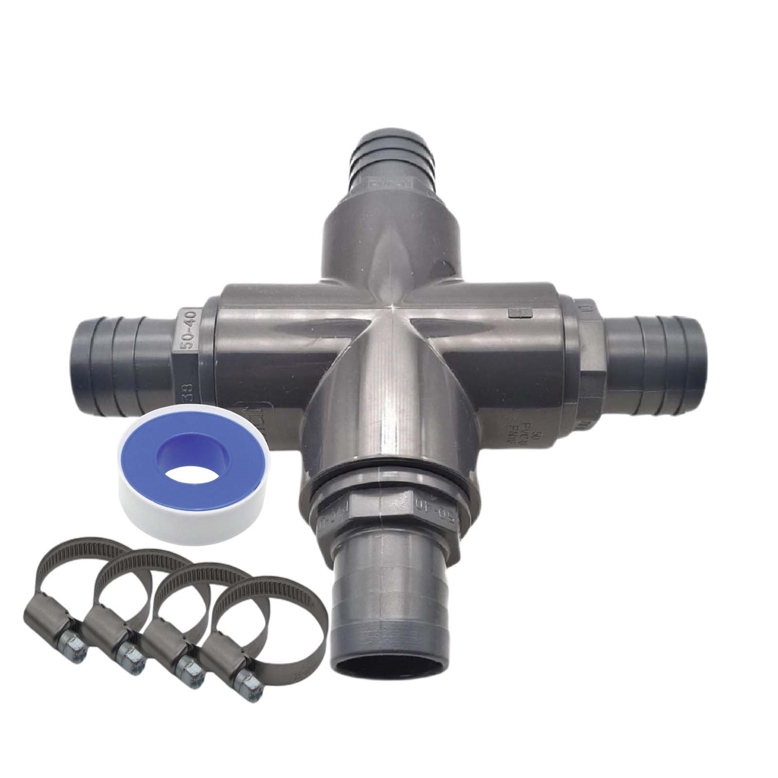 38 mm PVC PROFI Kreuz 90° Schlauch Verbinder Stutzen Tülle Pool Teich Garten - PN 10 bar - Montage-Set
