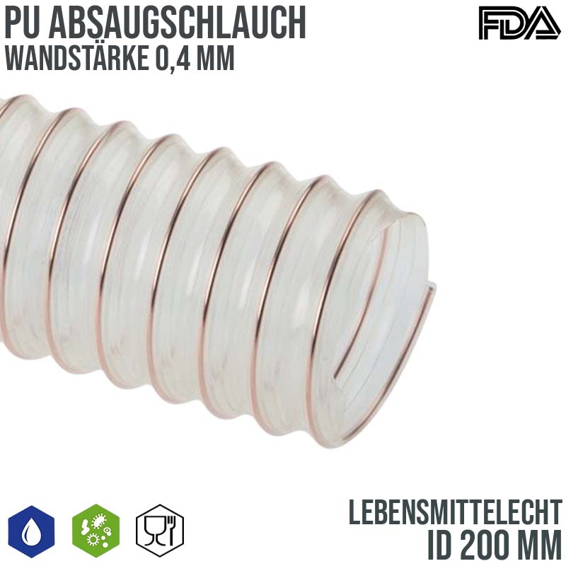 200 mm PU Saug Ansaug Druck Spiral Flex FDA Lebensmittel Schlauch - Wandstärke 0,4 mm  - PN 0,08 bar
