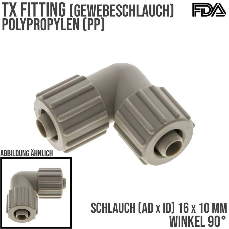 16 x 10 mm Winkel 90° TX Fitting Gewebe Schlauch Verbinder FDA PP beige - PN 10 bar