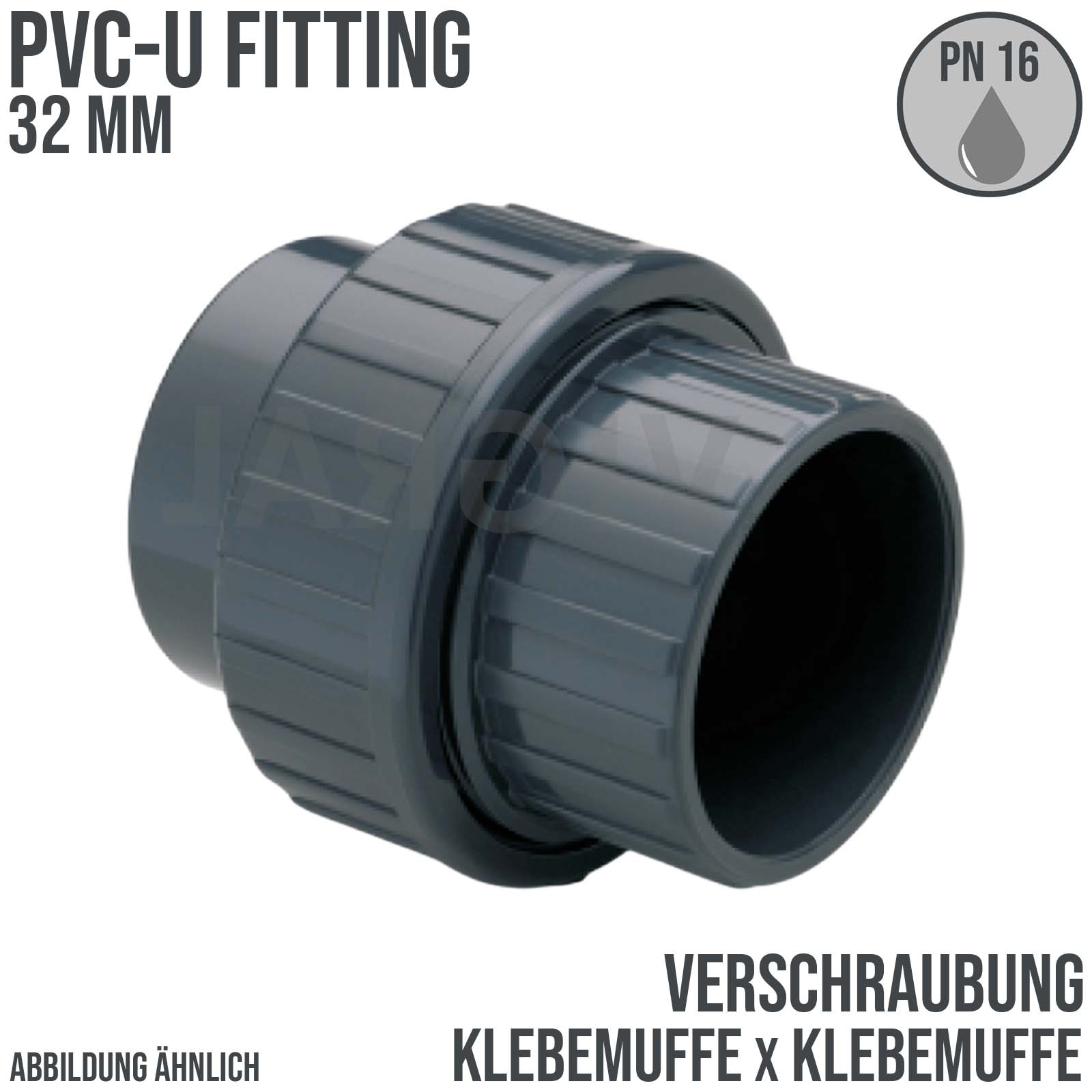 32 mm PVC Klebe Fitting Verschraubung 2-fach Muffe Verbinder - PN 16 bar