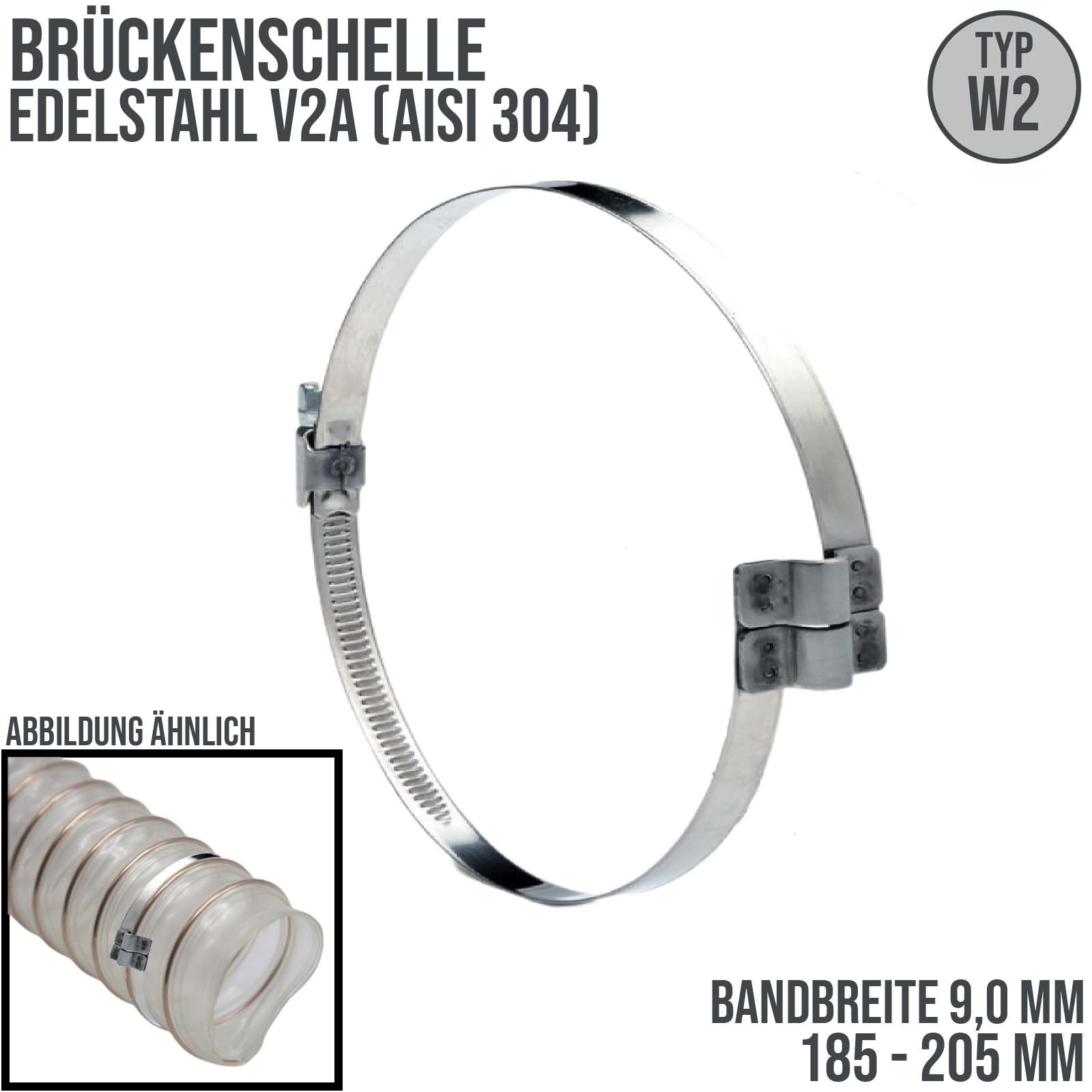 185 - 205 mm Brückenschelle W2 Edelstahl AISI 430 Rohr Schlauch Absaug - Band: 9 mm