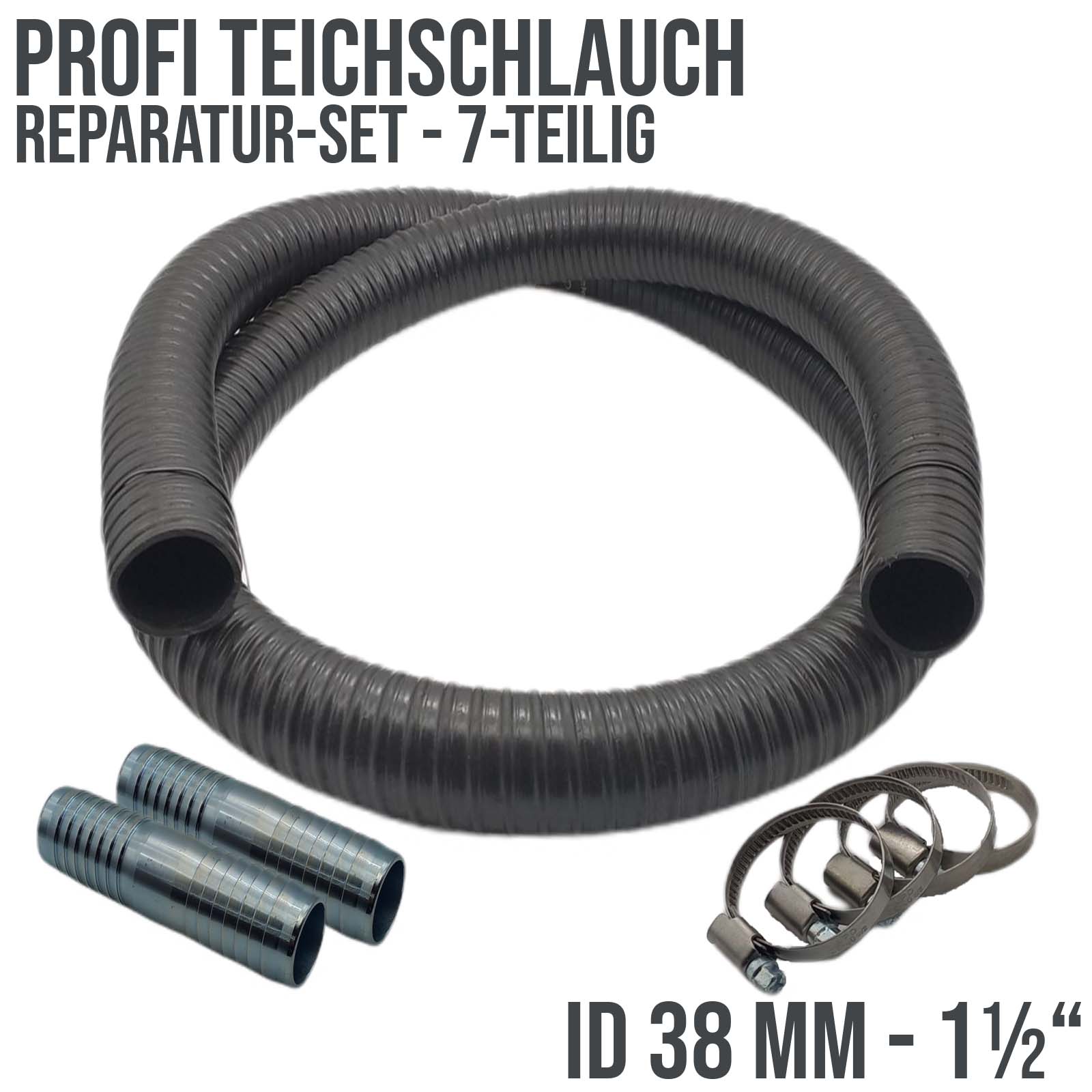 Schlauch Reparatur Set Teichschlauch Profi schwer Verlängerung 38 mm (1 1/2") - 7-teilig