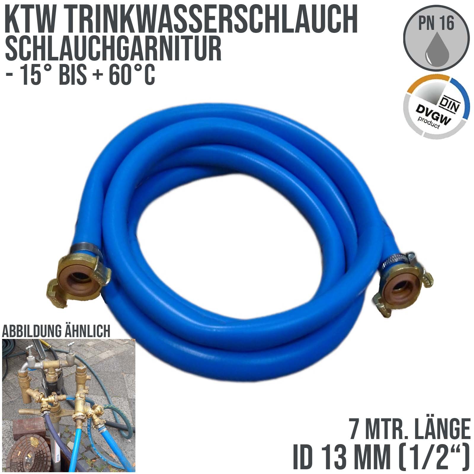 13 mm 1/2" Zoll TPE Trinkwasser Garnitur GEKA-Schnellkupplung Kirmes Schlauch KTW DVGW PN15 bar - 7 m