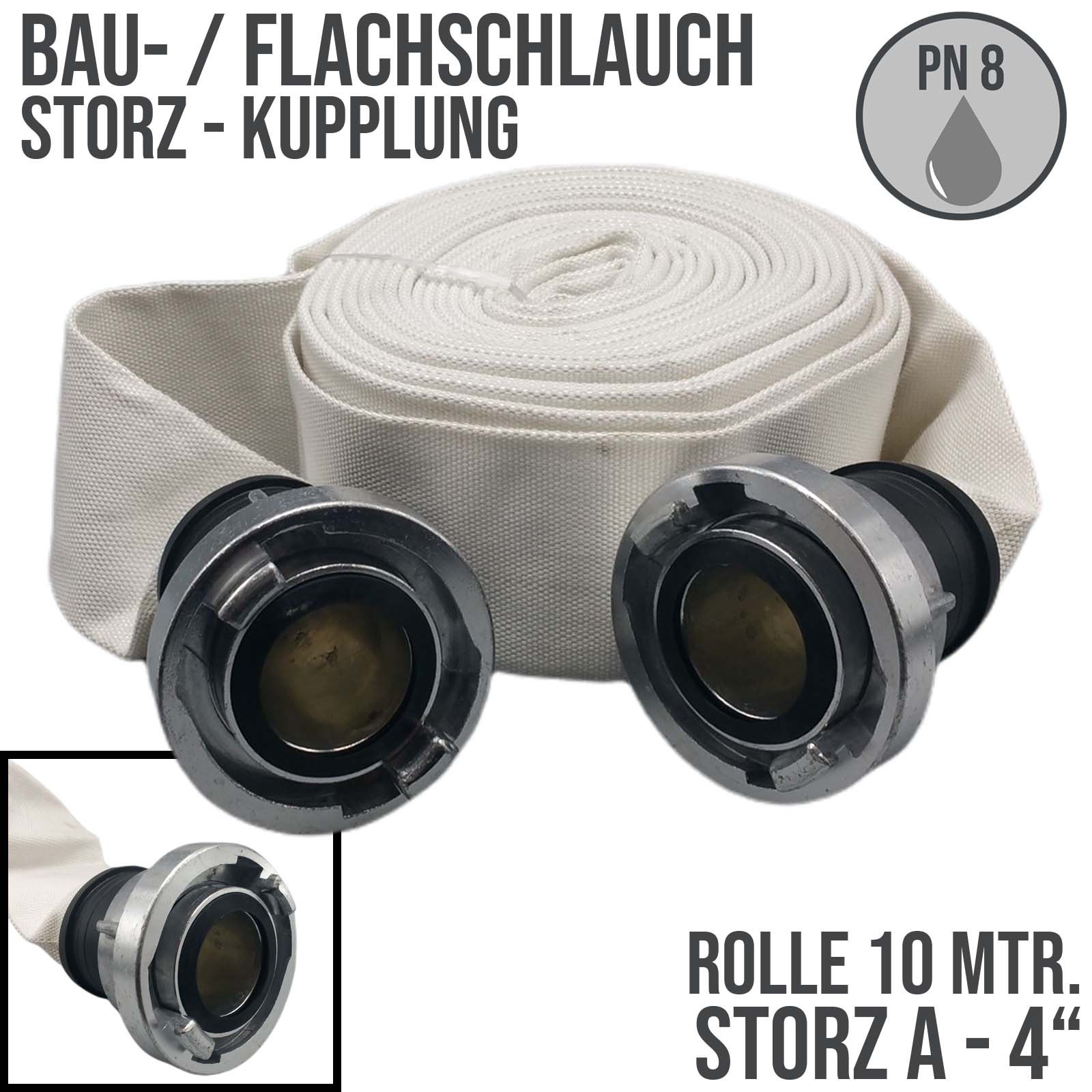STORZ A KA 133 102 mm 4" Bau Feuerwehr Flach Pumpen Industrie Schlauch Garnitur PN 7 bar - 10 m