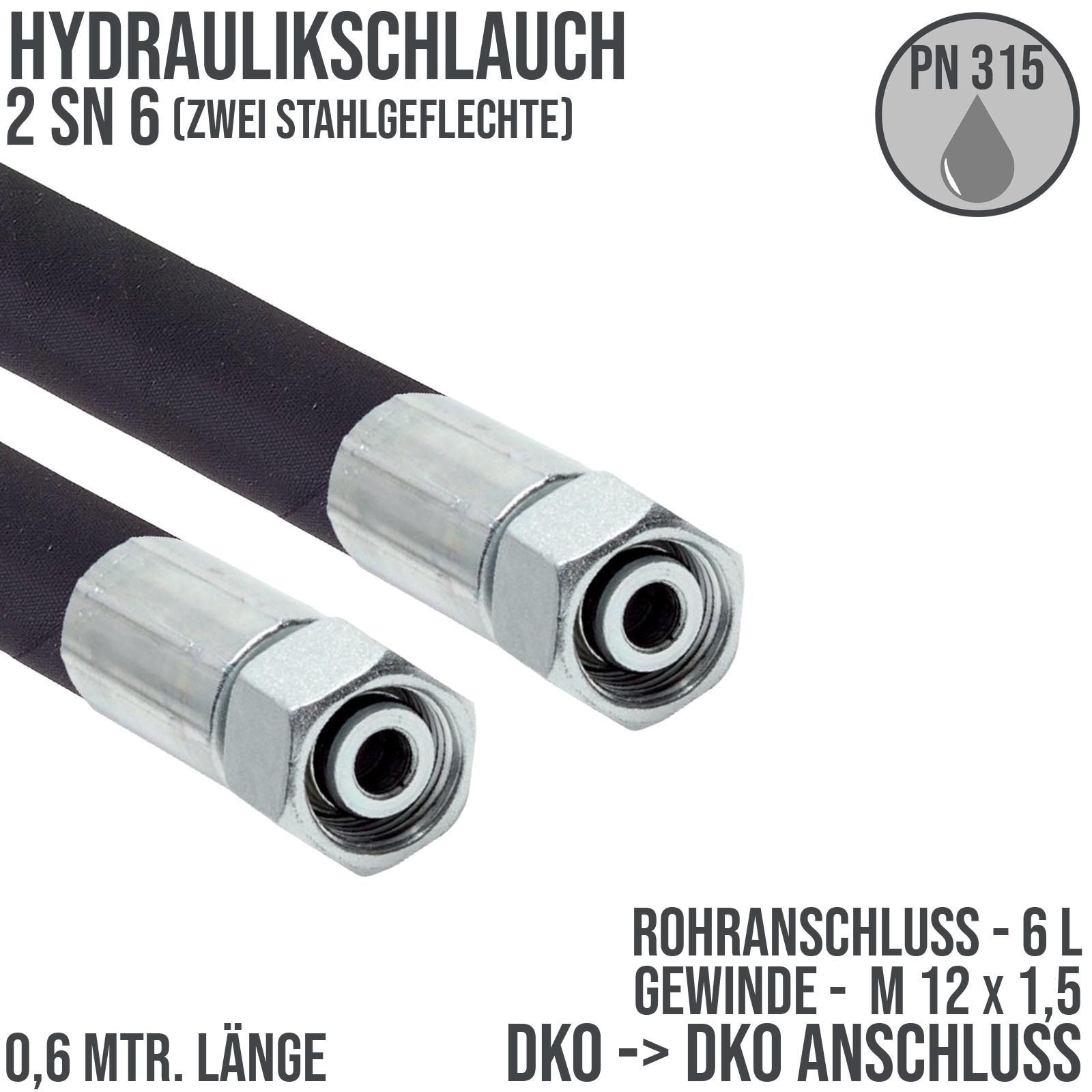 Hydraulikschlauch DN 6 2SN6 - 6 L DKO auf DKO Anschluss IG (M 12 x 1,5) - 600 mm
