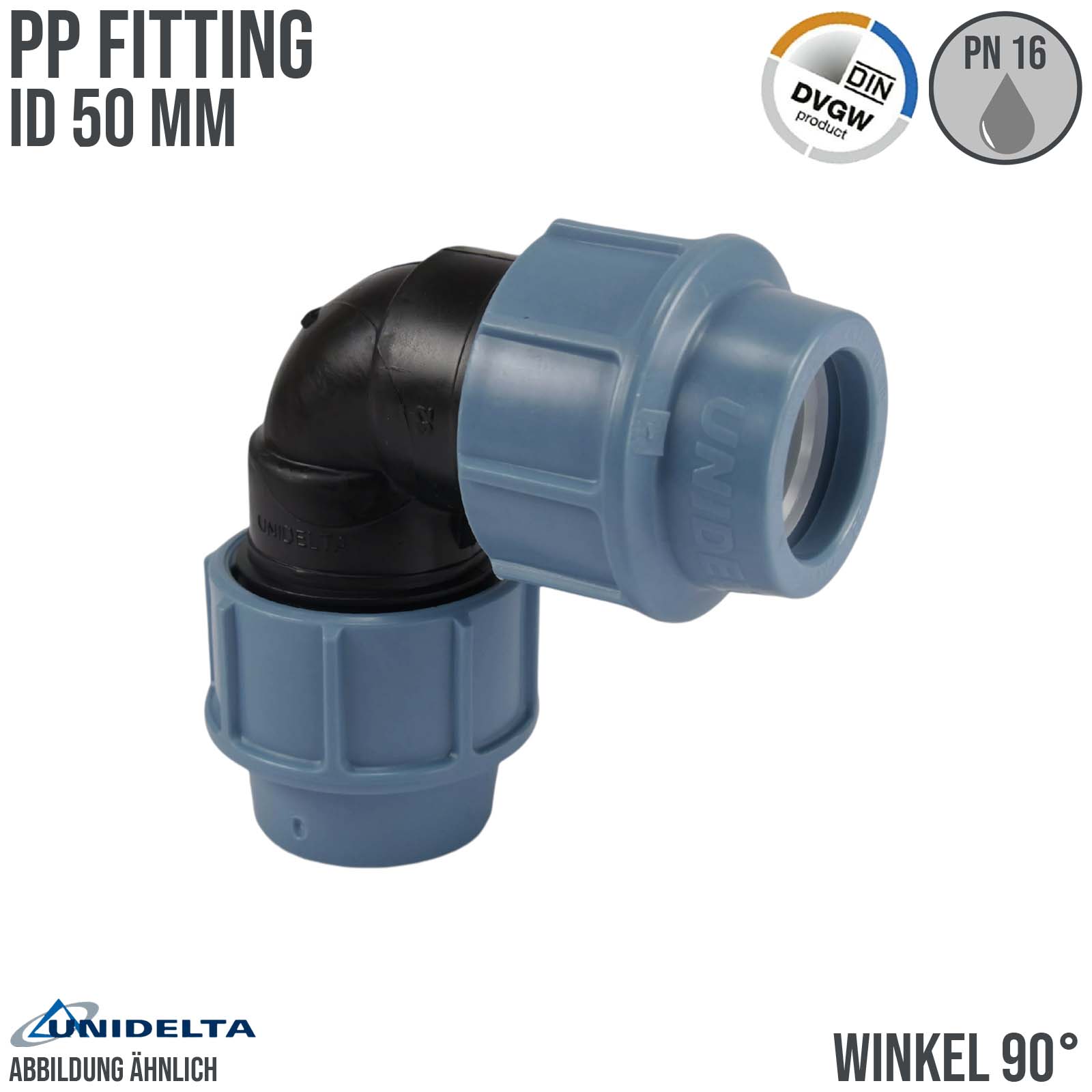 50 mm PE PP Fitting Klemm Verbinder Verschraubung Muffe Rohr Winkel 90° DVGW - Unidelta