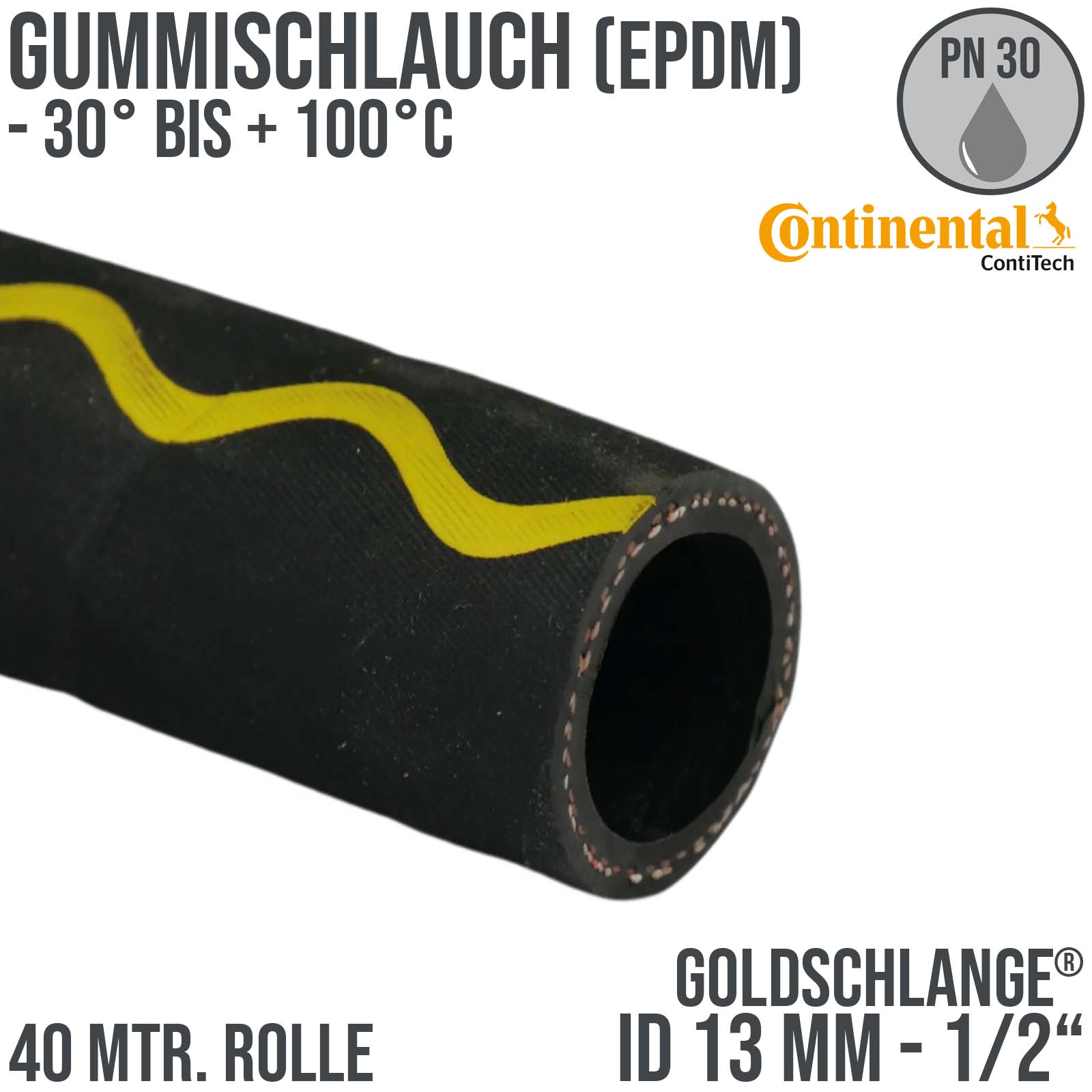 13 mm 1/2" Zoll Hochleistungs Gummi Wasser Schlauch EPDM - CONTI GOLDSCHLANGE® PN 30 bar 40 m Rolle