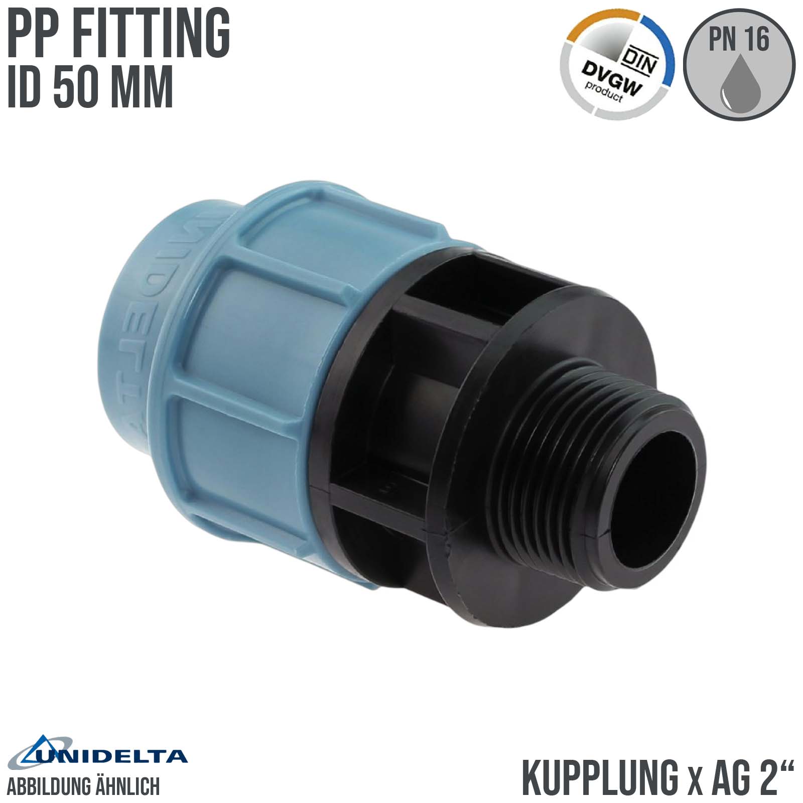 50 mm x 2" PE PP Fitting Klemm Verbinder Verschraubung Muffe Rohr Kupplung x AG DVGW - Unidelta