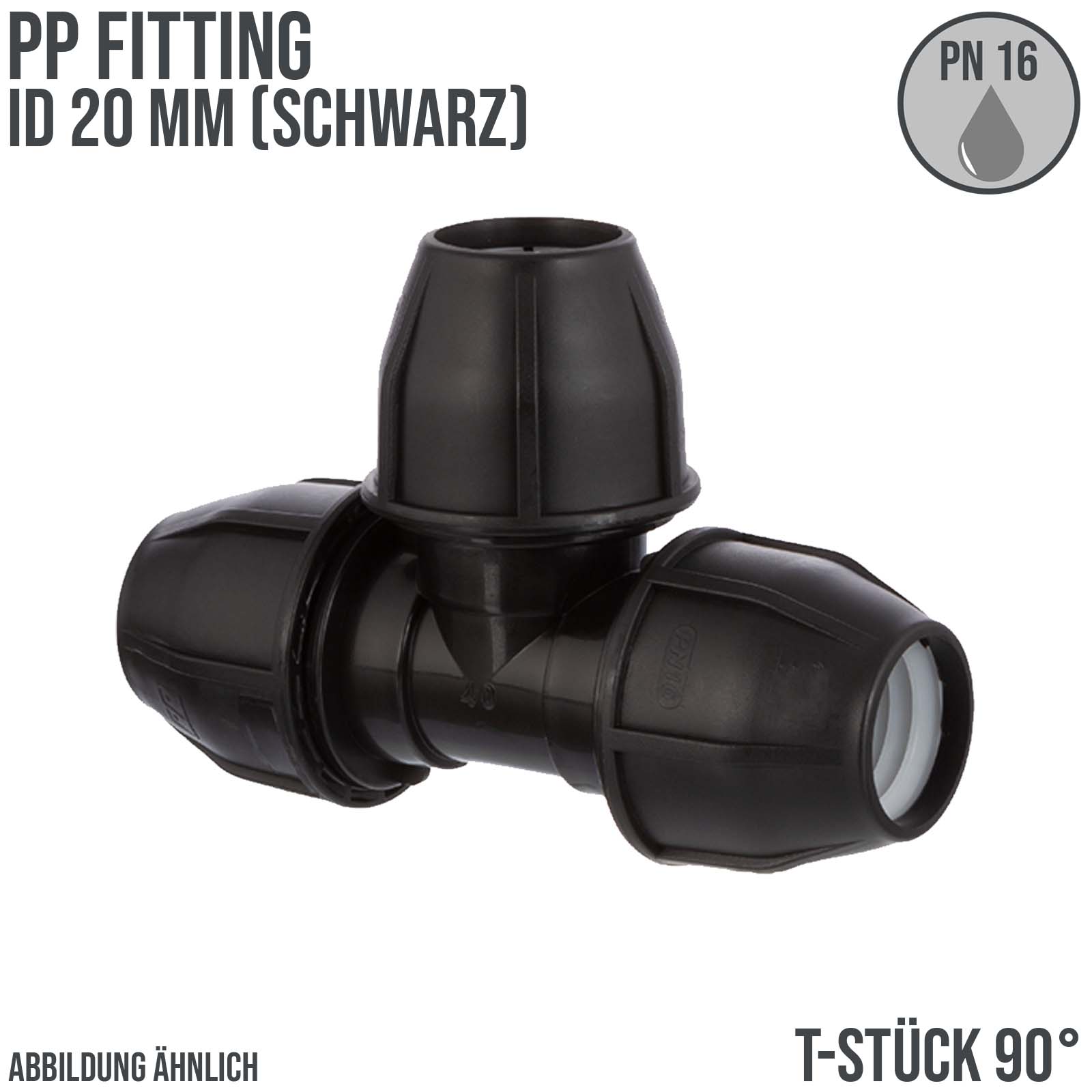 20 mm PE PP Fitting Klemm Verbinder Verschraubung Muffe Rohr T-Stück 90° schwarz - PN 16 bar