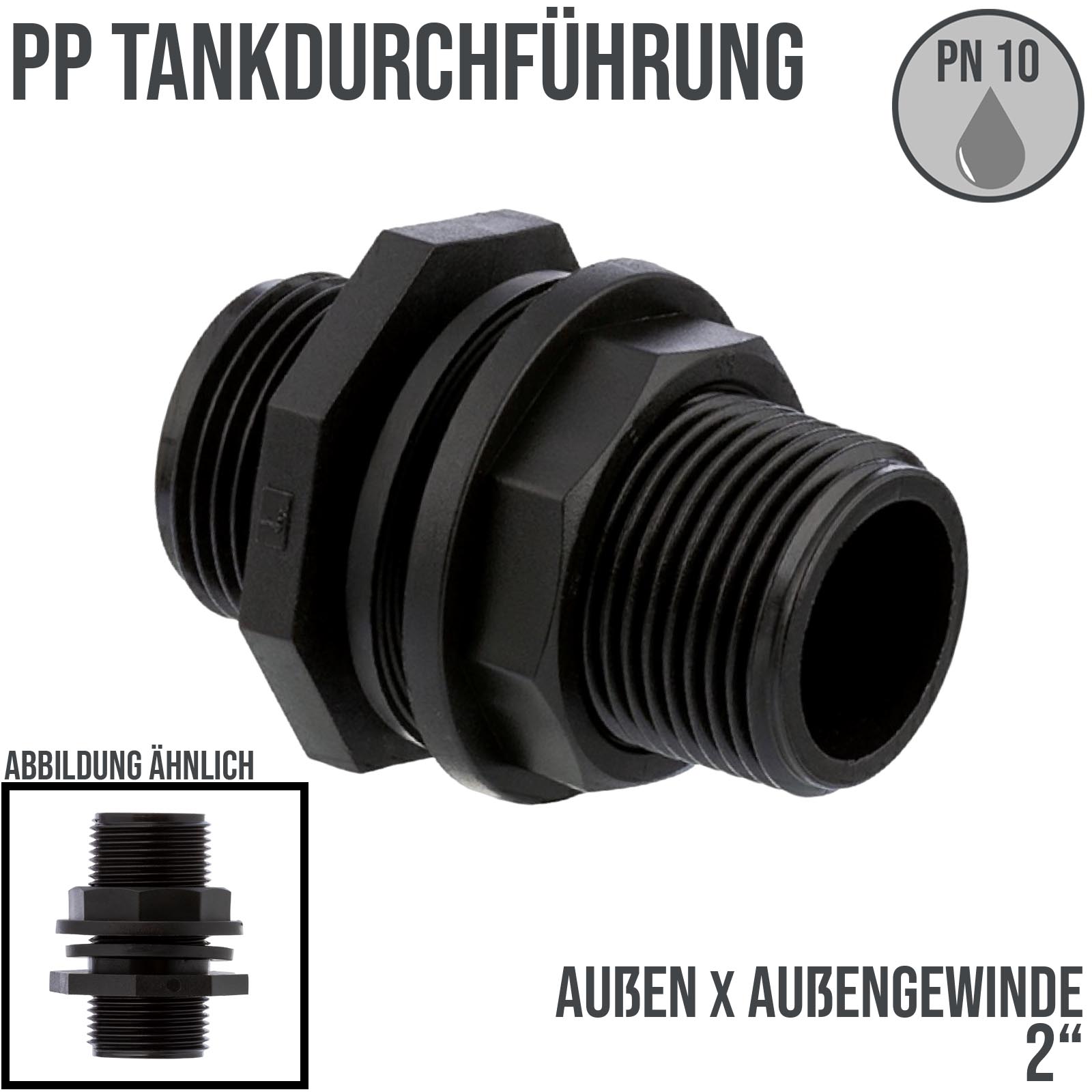2" PP Tank Regen Tonnen Durchführung Connector Messing 2-fach Außengewinde  - PN 10 bar