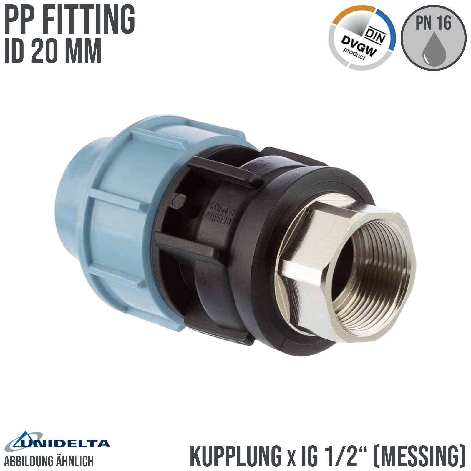 20 mm x 1/2" PE PP Fitting Klemm Verbinder Muffe Rohr Kupplung x Messing IG DVGW - Unidelta