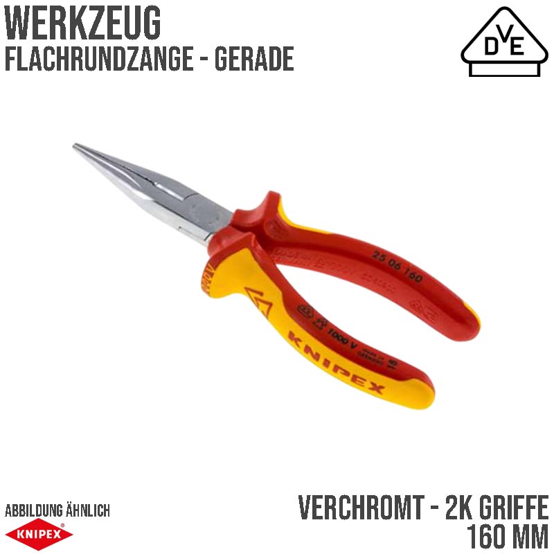 160 mm Flachrund Zange VDE gerade Backen verchromt 2K Griffe Knipex