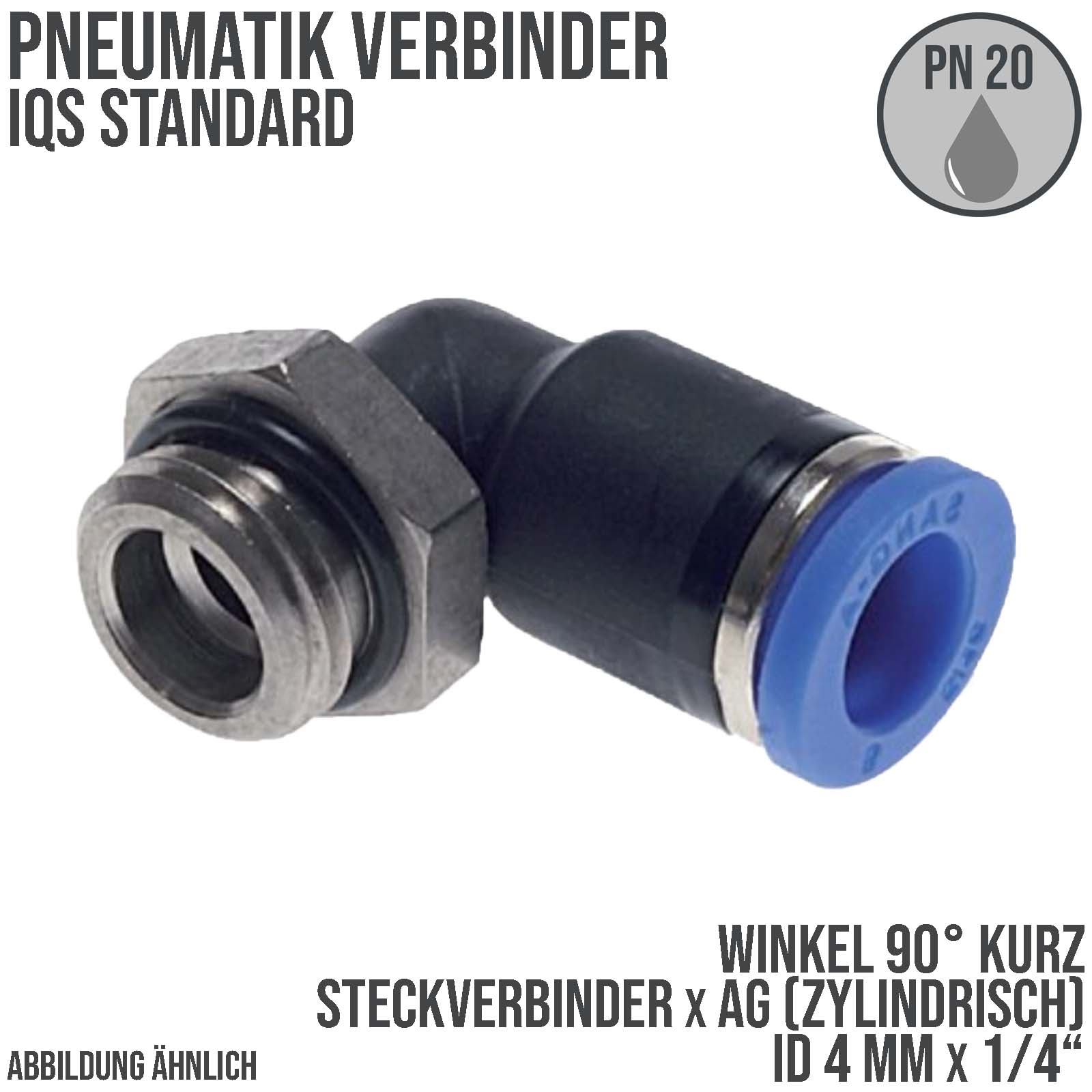 4 mm x 1/4" Pneumatik Steck Verbinder Winkel 90° kurz IQS Außengewinde zylindrisch - PN 20 bar