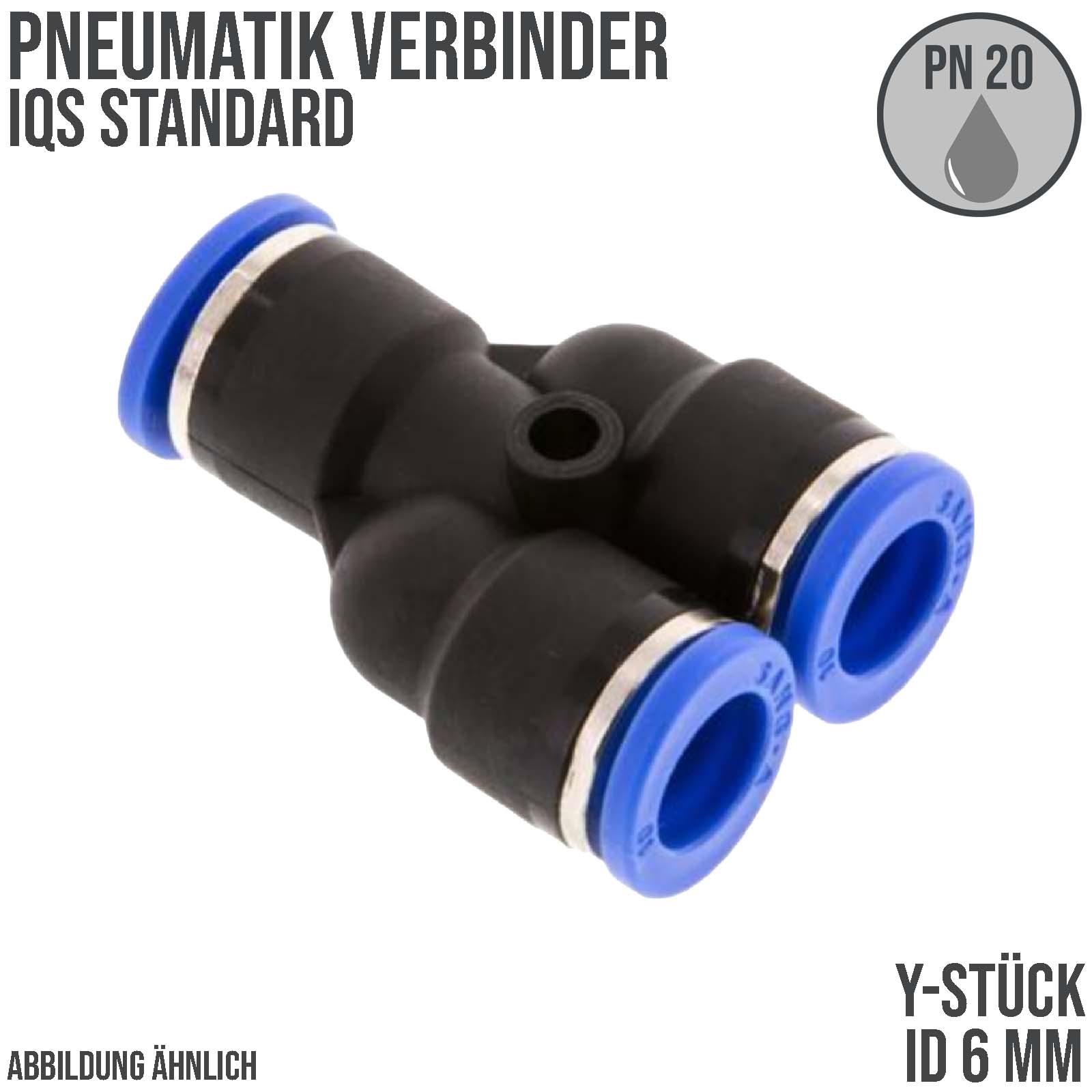 6 mm Pneumatik Schnell Steck Verbinder IQS Y-Stück blau/schwarz PA PU Schlauch - PN 20 bar