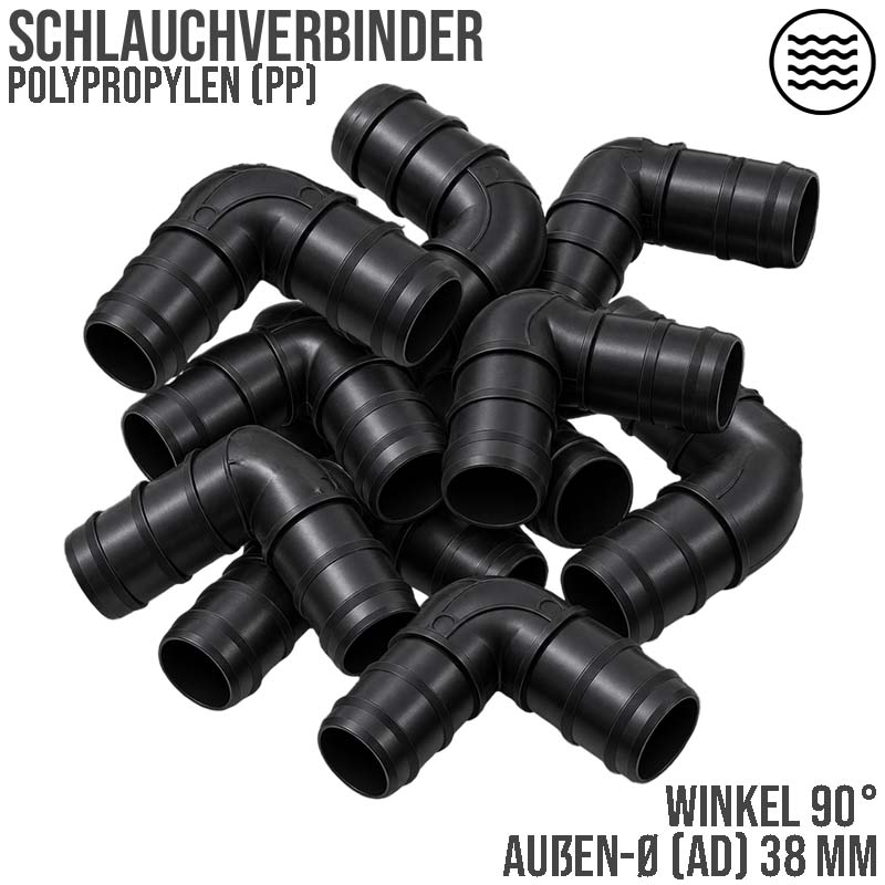 38 mm Winkel 90° PP Schlauch Tülle Stutzen Verbinder Pool Schlauch schwarz PN 4 bar - 10 Stück