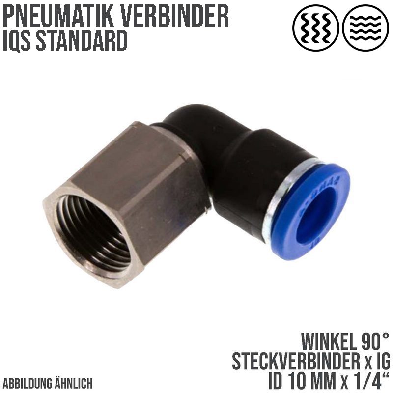 10 mm x 1/4" Pneumatik Steck Verbinder Winkel 90° IQS Innengewinde - PN 20 bar