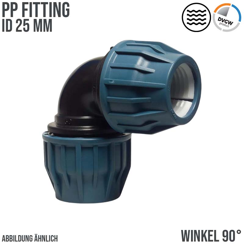 25 mm PE PP Fitting Klemm Verbinder Verschraubung Muffe Rohr Winkel 90° DVGW - PN 16 bar