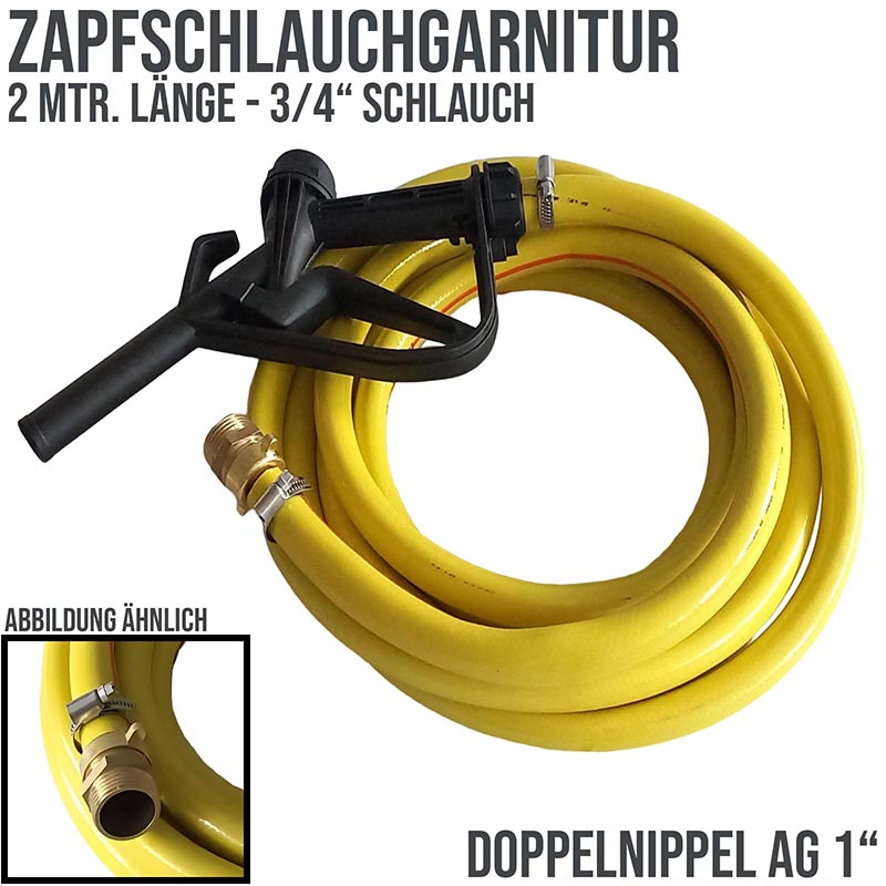 3/4" 19 mm Zapf Schlauch Garnitur mit Doppelnippel AG 1" - 2 m (PP Pistole schwarz) - PN 5 bar