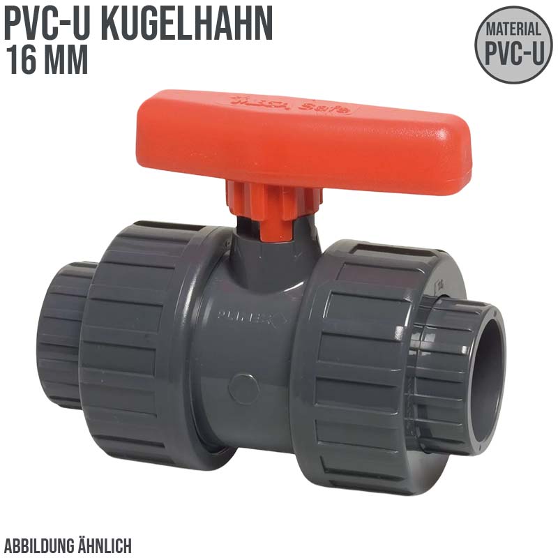 16 mm PVC Kugel Absperr Hahn Ventil beidseitige Klebemuffe Fitting PN 16 bar - roter Griff