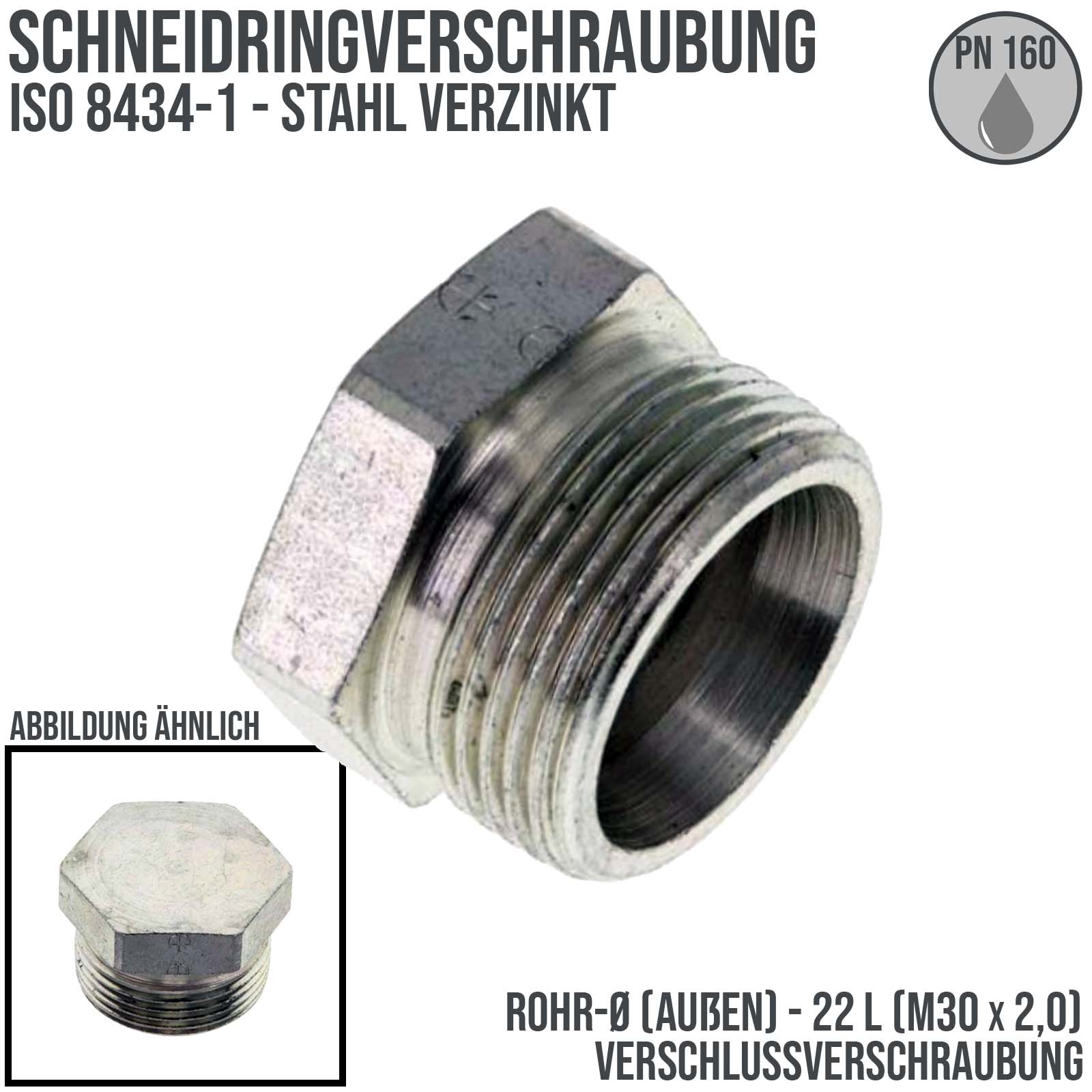 22 L Schneidring Verschraubung Verschluss Schraube M 30 x 2,0 AG ohne Mutter / Schneidring - PN 160 bar