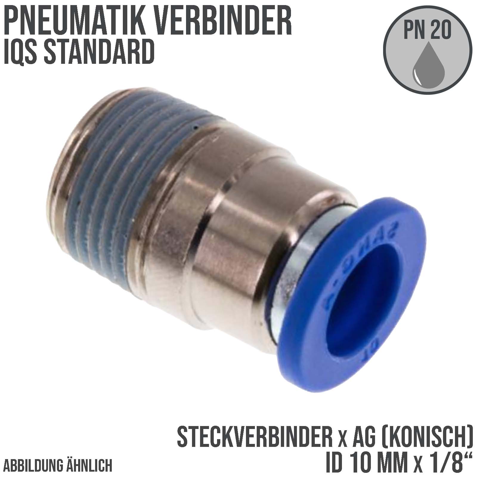 10 mm x 1/8" Pneumatik Schnell Steck Verbinder rund IQS Außengewinde konisch - PN 20 bar