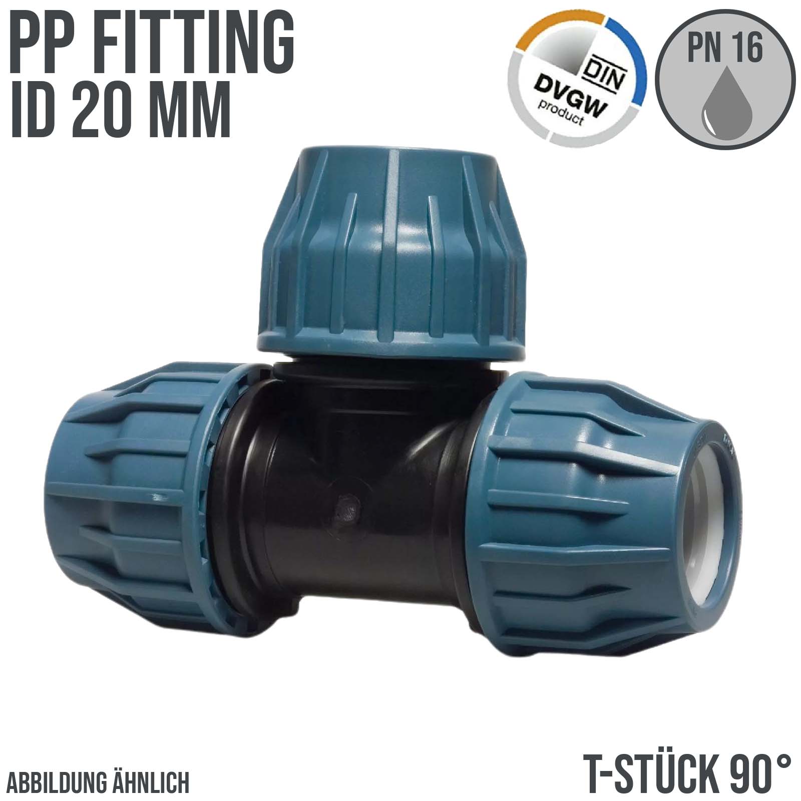 20 mm PE PP Fitting Klemm Verbinder Verschraubung Muffe Rohr T-Stück 90° DVGW - PN 16 bar