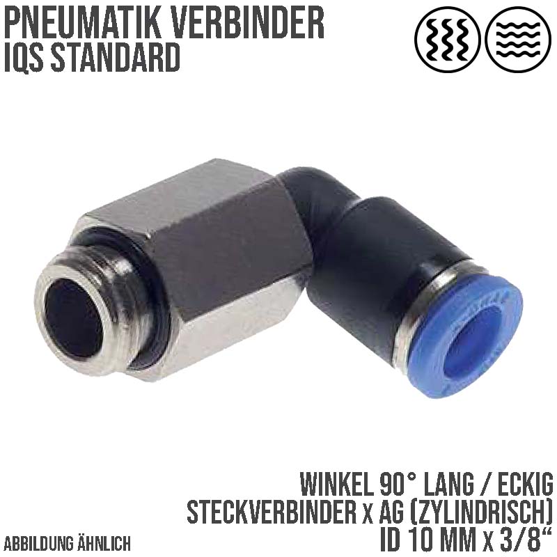 10 mm x 3/8" Pneumatik Steck Verbinder Winkel 90° lang IQS Außengewinde zylindrisch - PN 20 bar