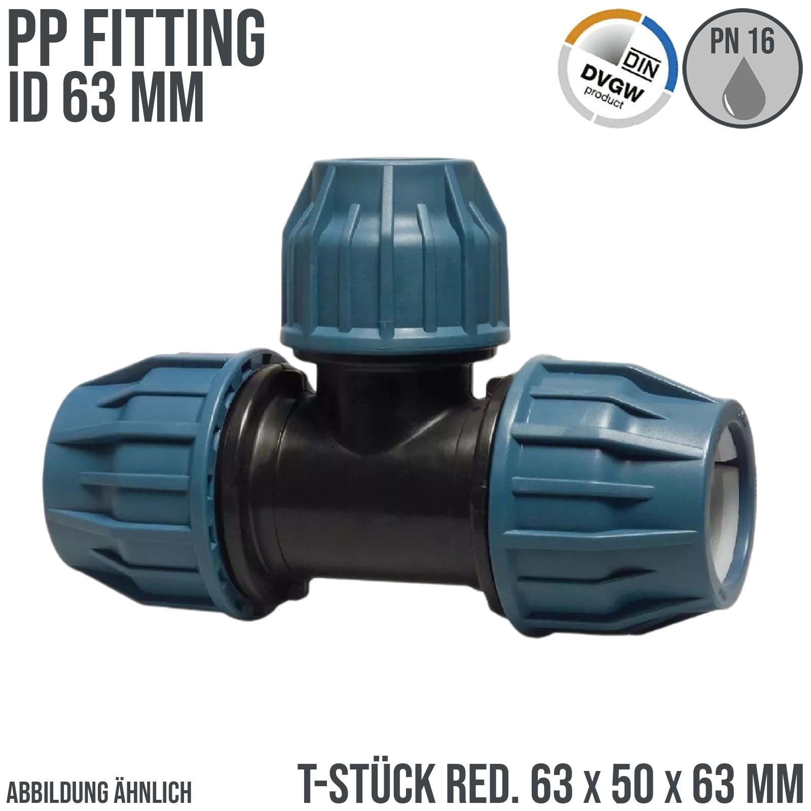 63 x 50 x 63 mm PE PP Fitting Klemm Verbinder Verschraubung Muffe reduziert T-Stück 90° DVGW - PN 16 bar